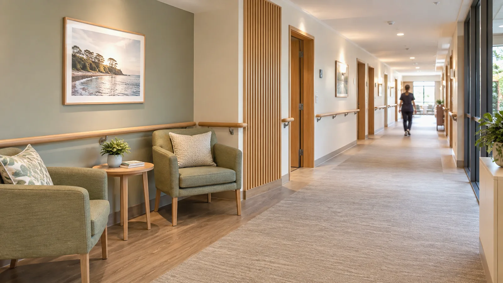 A corridor with handrails and seating in an aged care facility