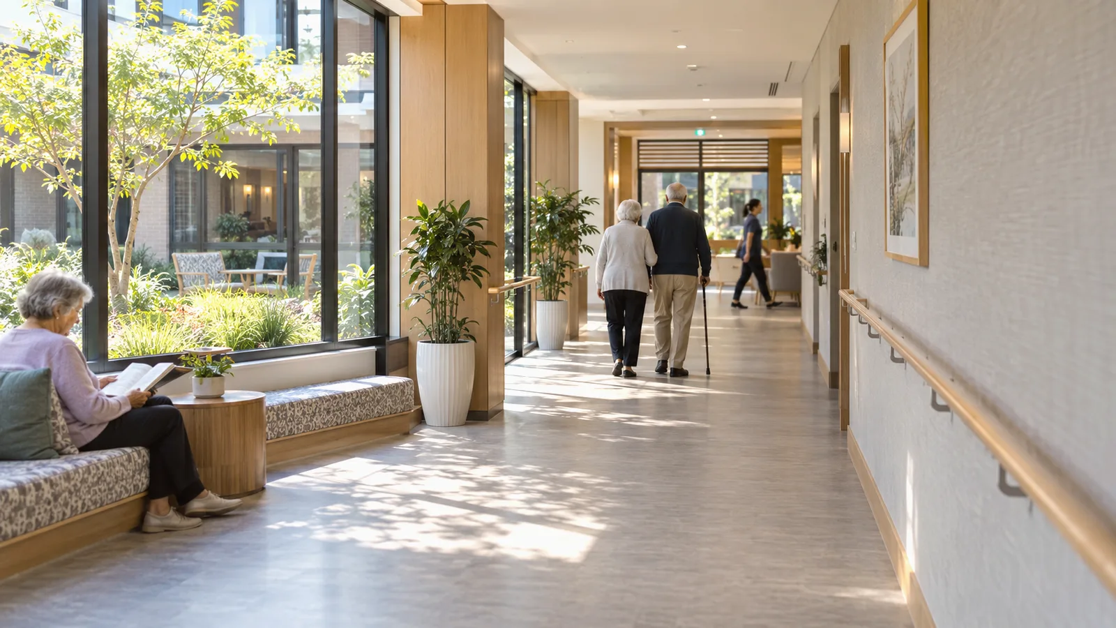 A resident reading in a sunny corridor nook at an aged care facility