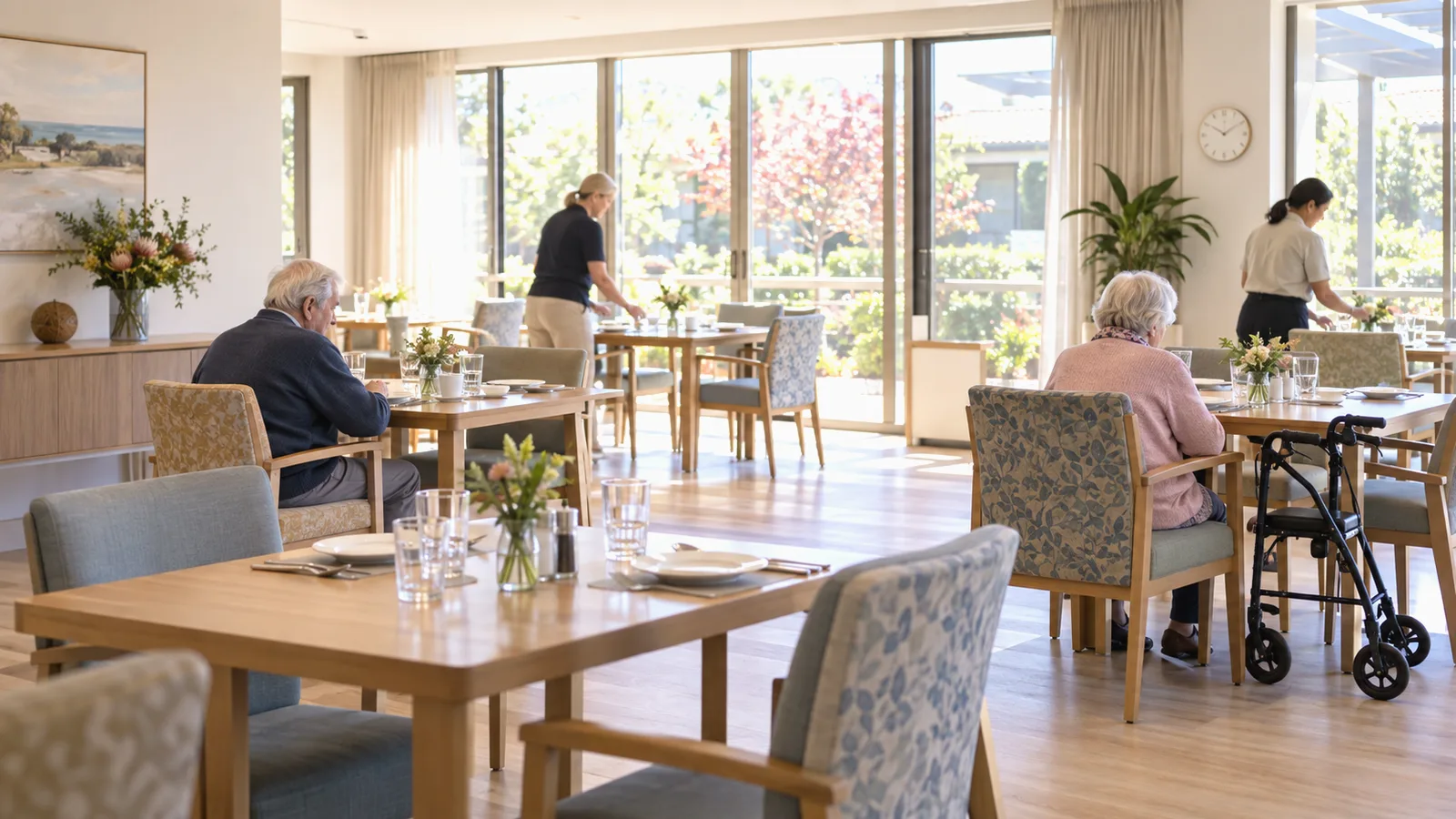 Staff serving residents during a meal in an aged care dining room