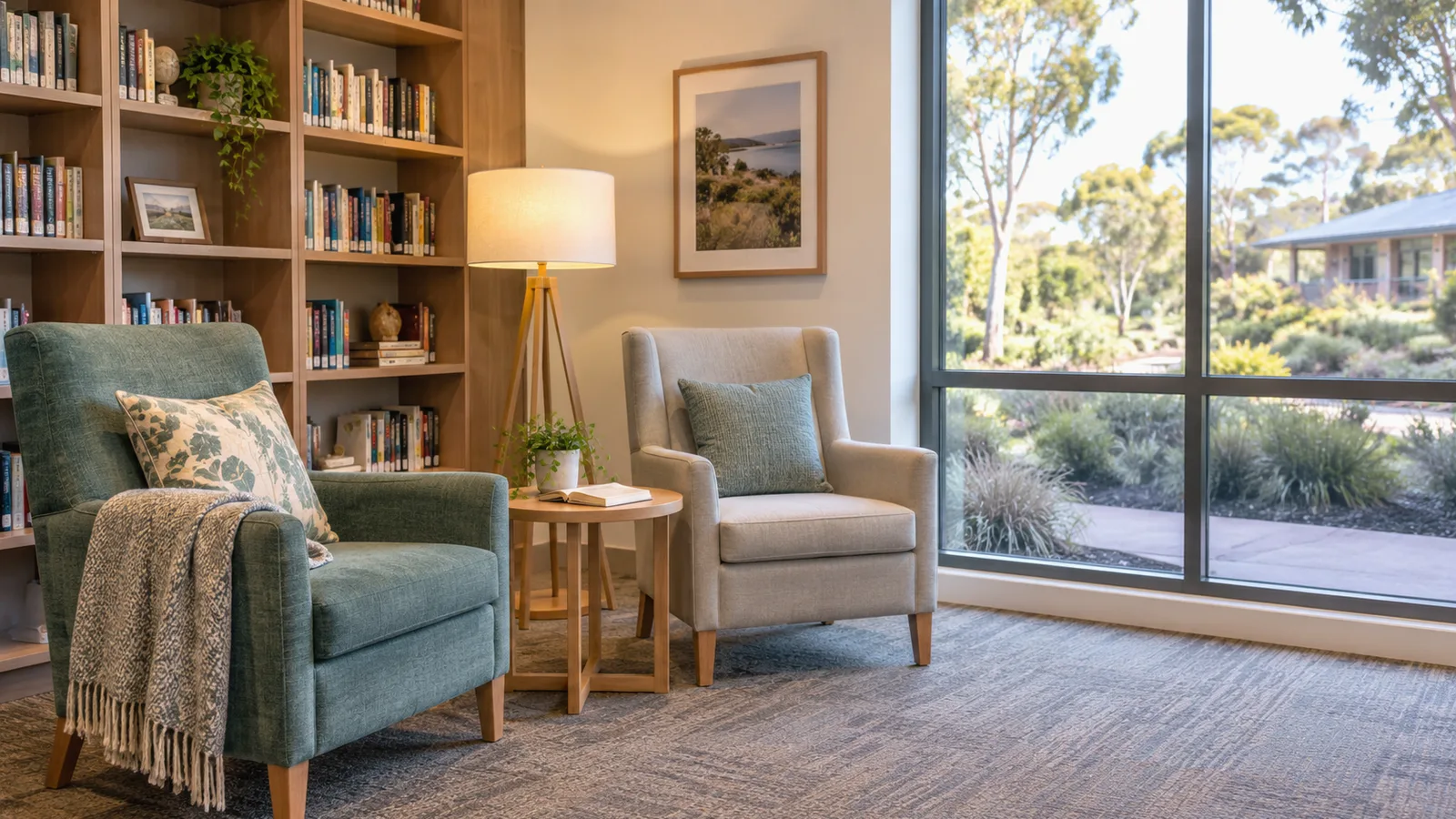 A quiet reading nook with bookshelves and armchairs in an aged care facility