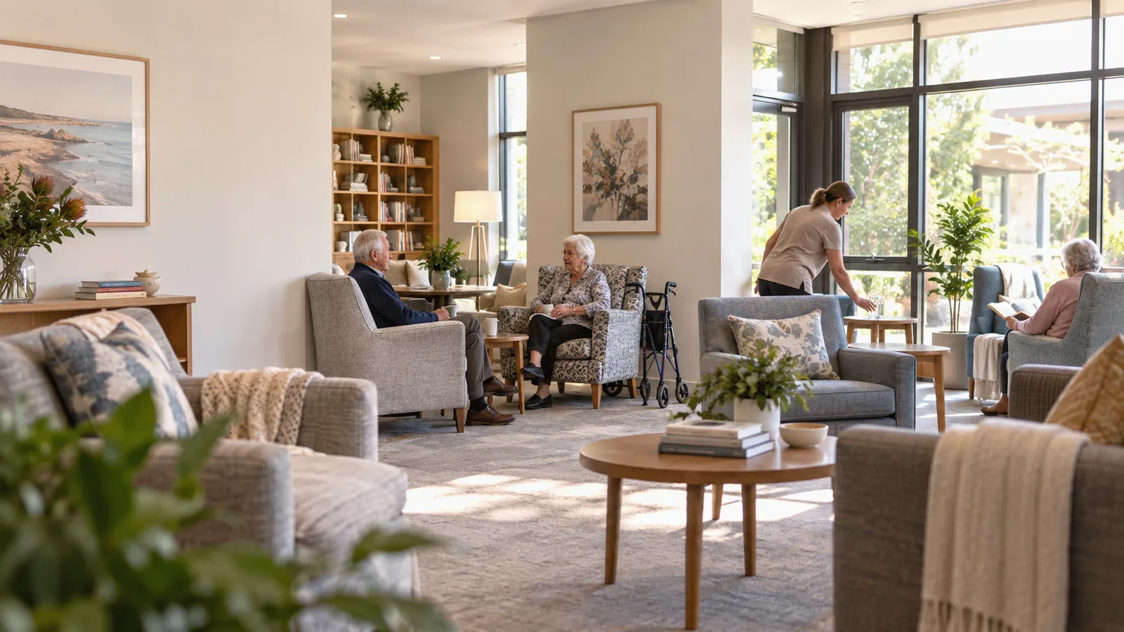 Residents relaxing in an aged care lounge with staff assistance and garden views