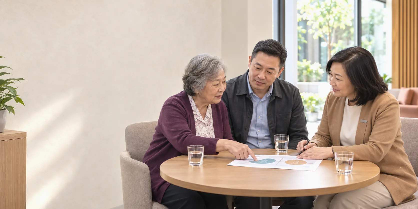 An older man and his adult daughter review an aged care plan with an advisor at a table