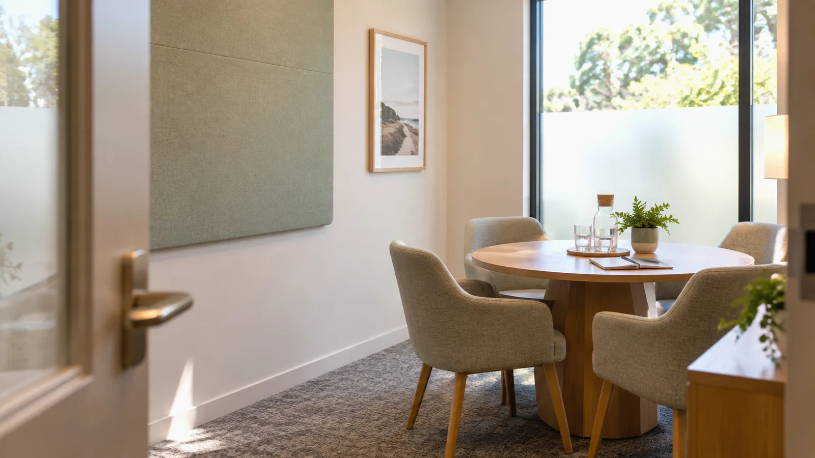 A private meeting room set up for a family consultation at an aged care facility