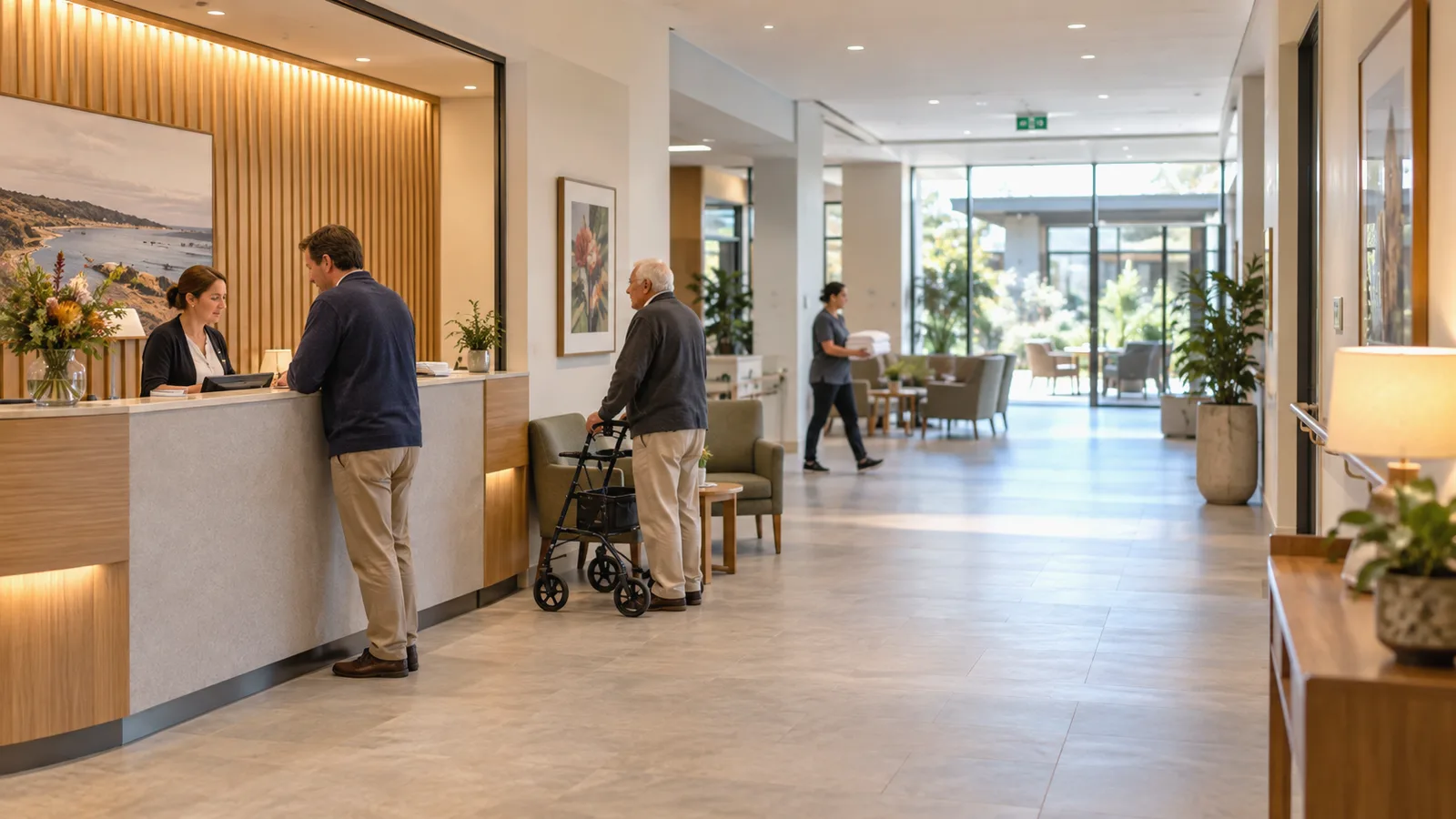 A staff member helping a visitor at an aged care facility reception desk