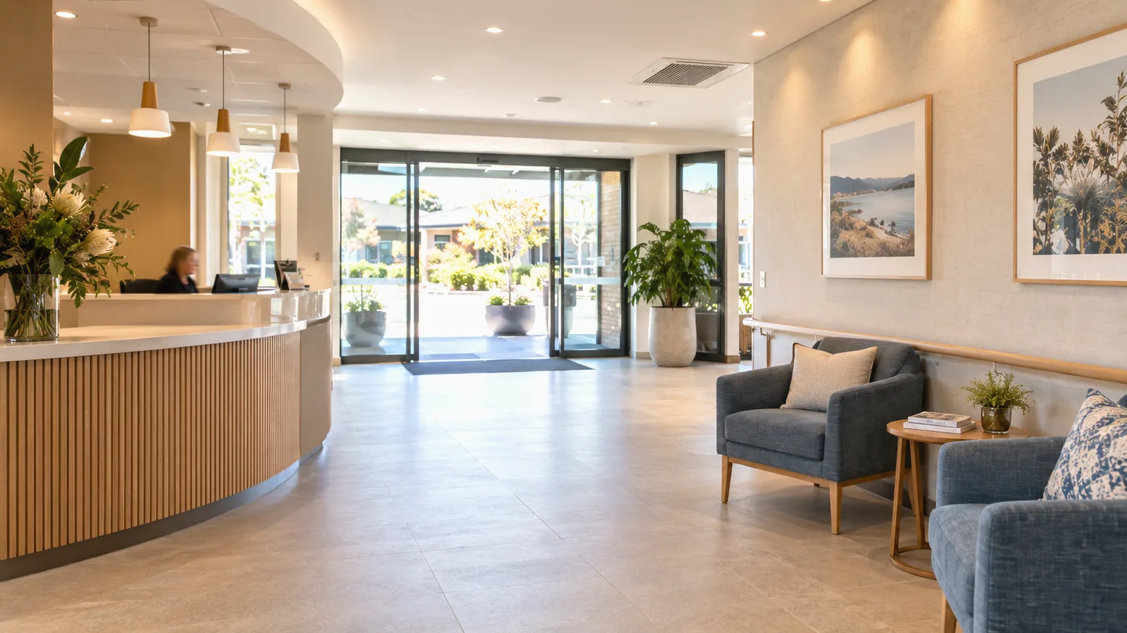 The reception lobby and lounge seating area of an aged care facility
