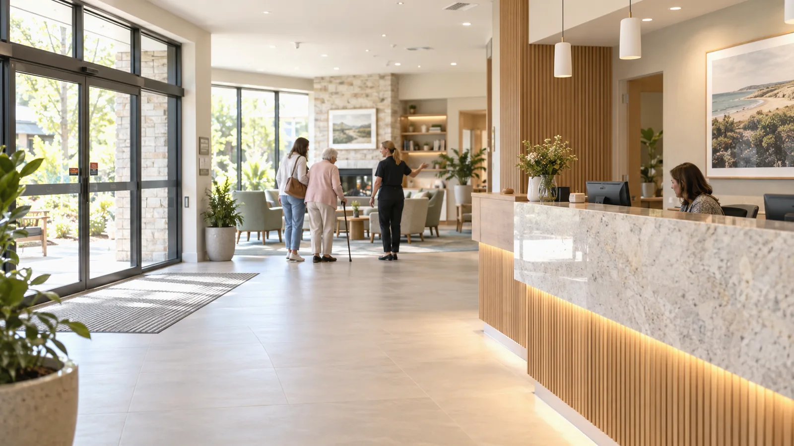 A staff member greeting a visitor and resident at an aged care facility reception