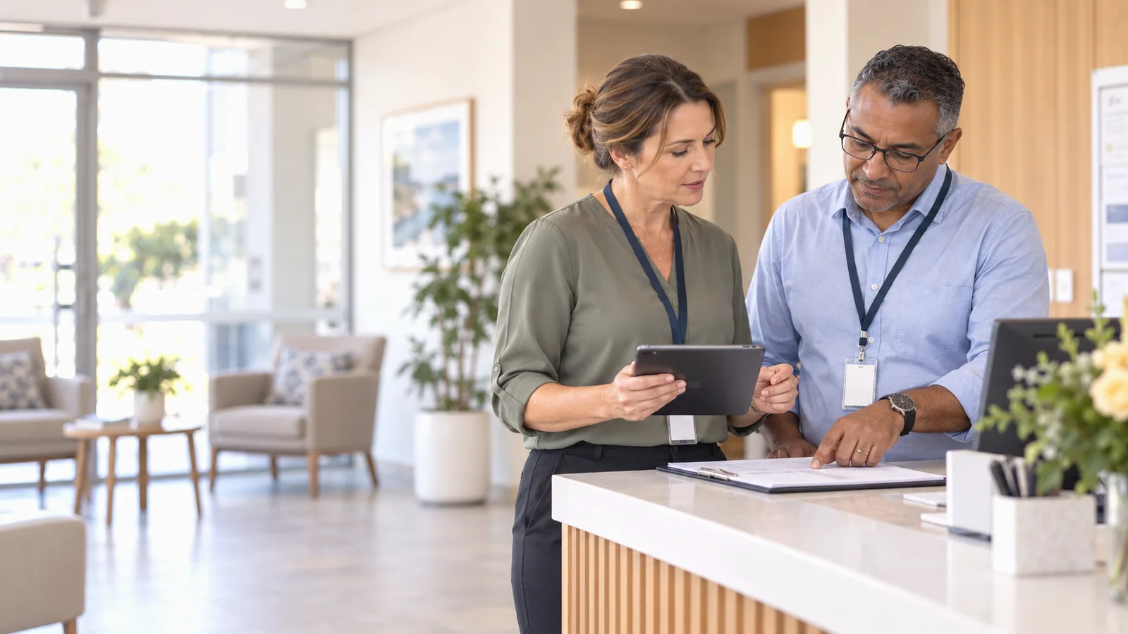 Two aged care staff members reviewing records together at a reception desk