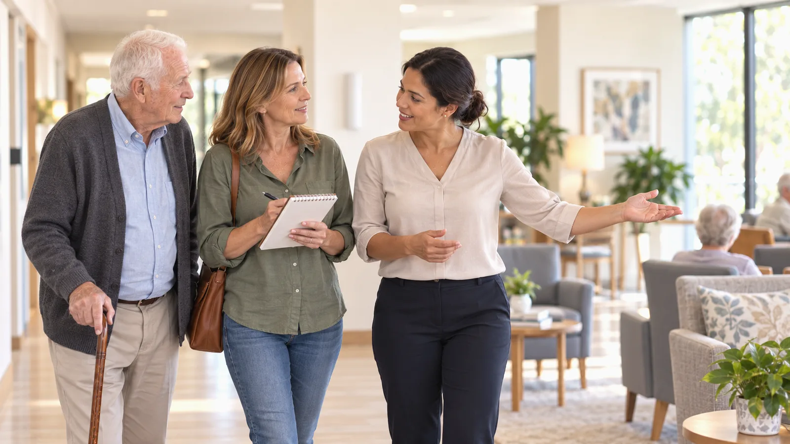 A staff member guiding an elderly man and his daughter on a tour of an aged care home