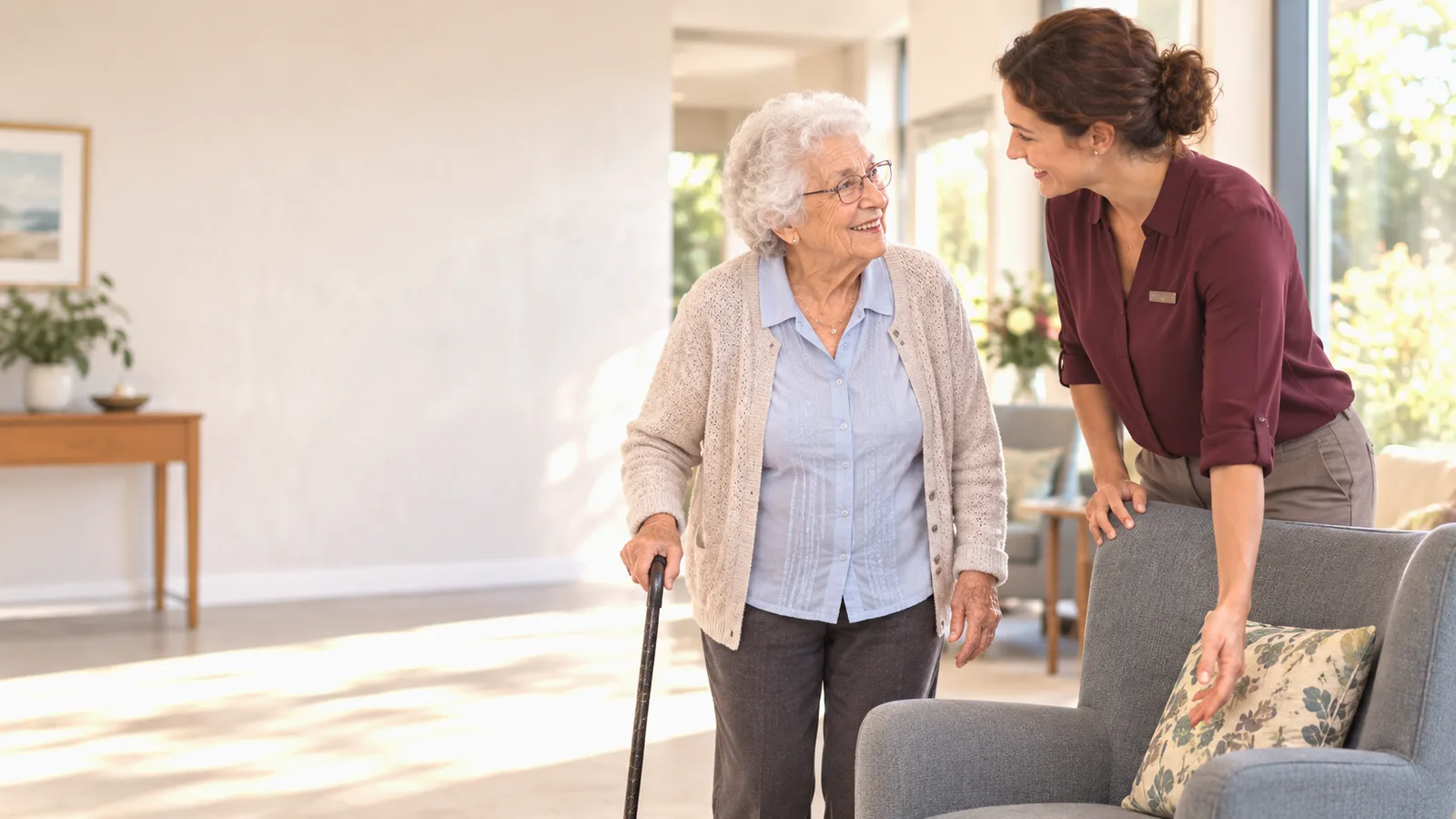 An aged care staff member leaning in to listen to a resident in a lounge chair