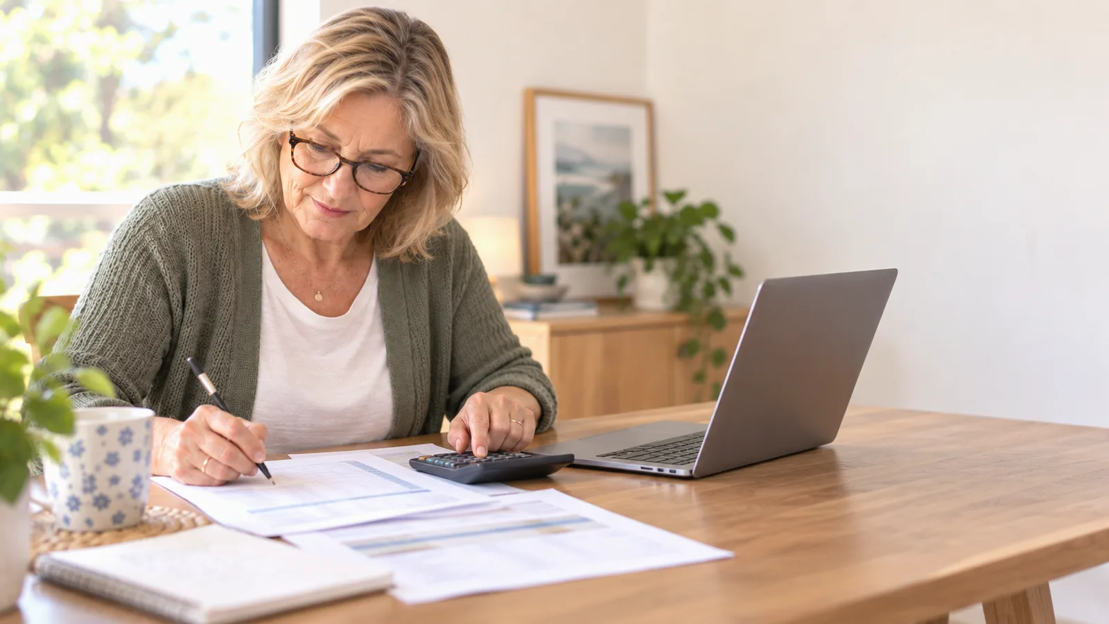 An adult daughter using a calculator and laptop to work out aged care costs at home