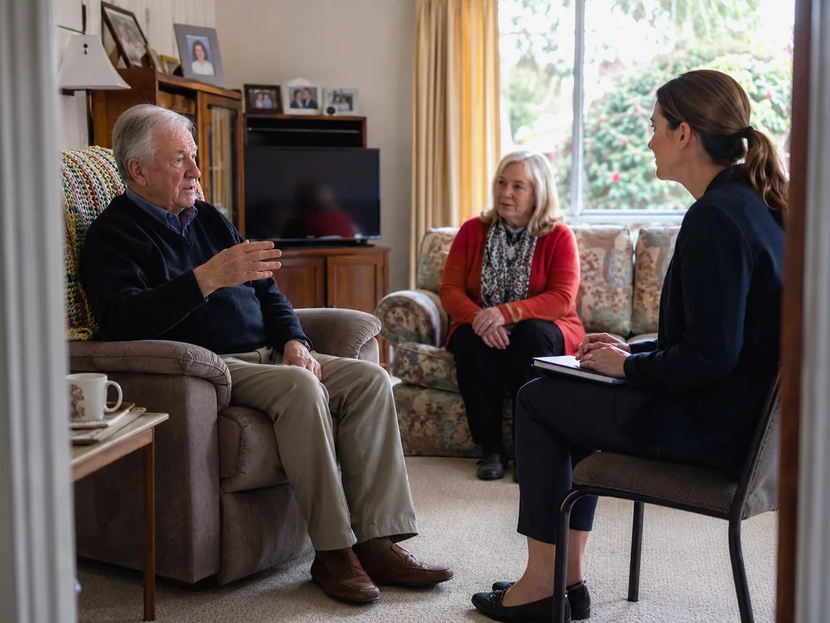Adult son talking with his elderly mother at home about aged care options