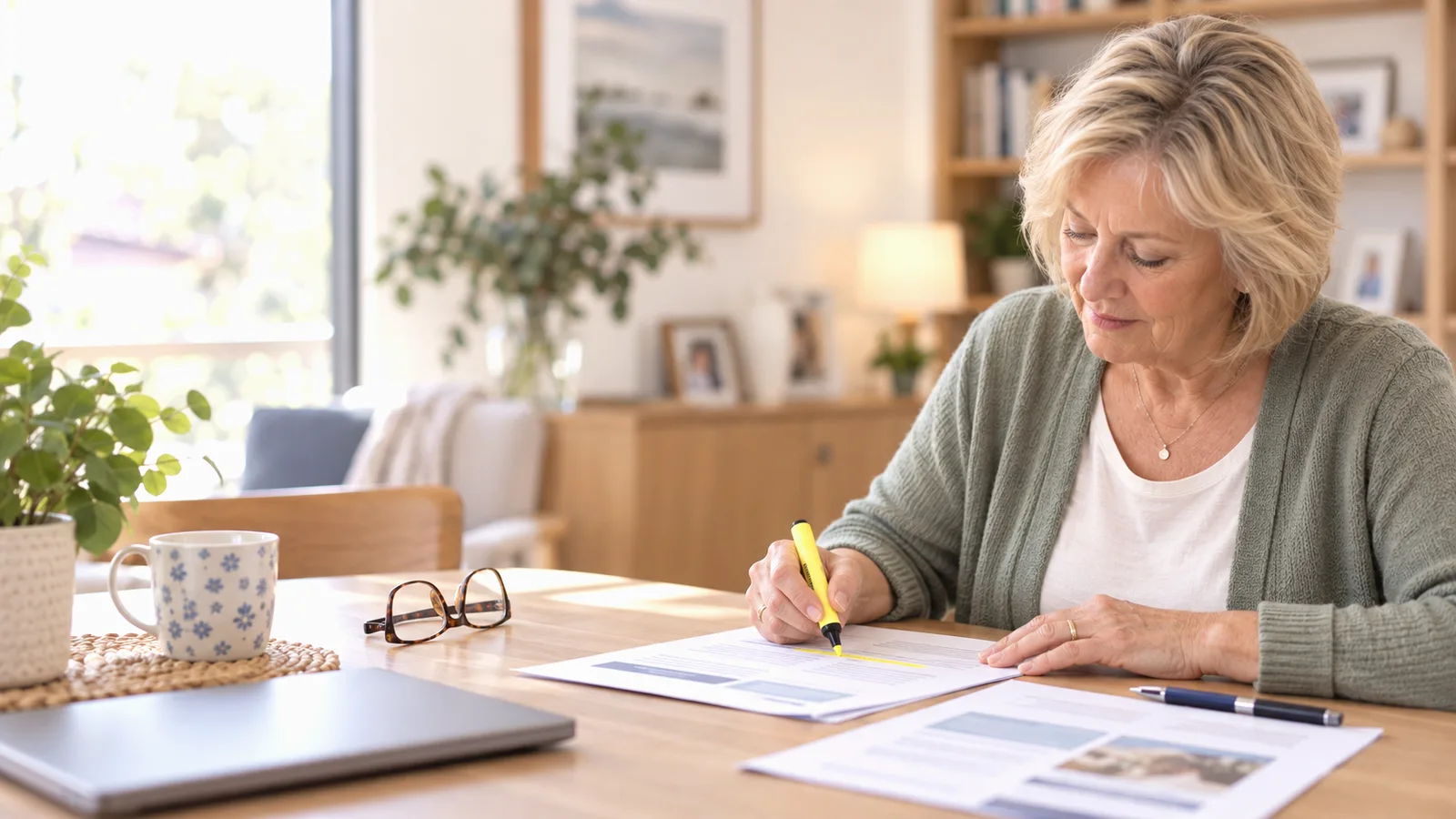 A woman highlighting items on Support at Home paperwork at her kitchen table