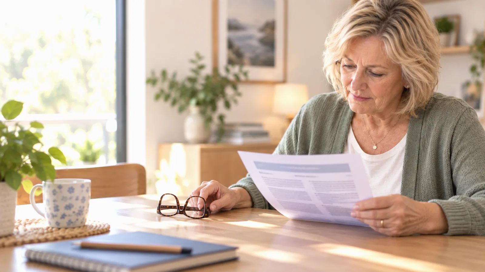 A woman reading through aged care paperwork at her kitchen table at home