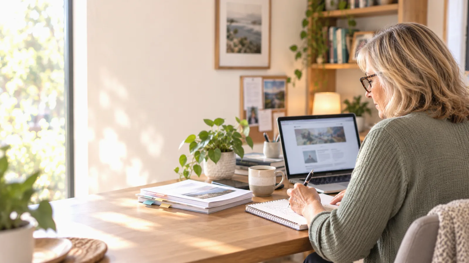 A woman researching home care workers online with a laptop and notes at home