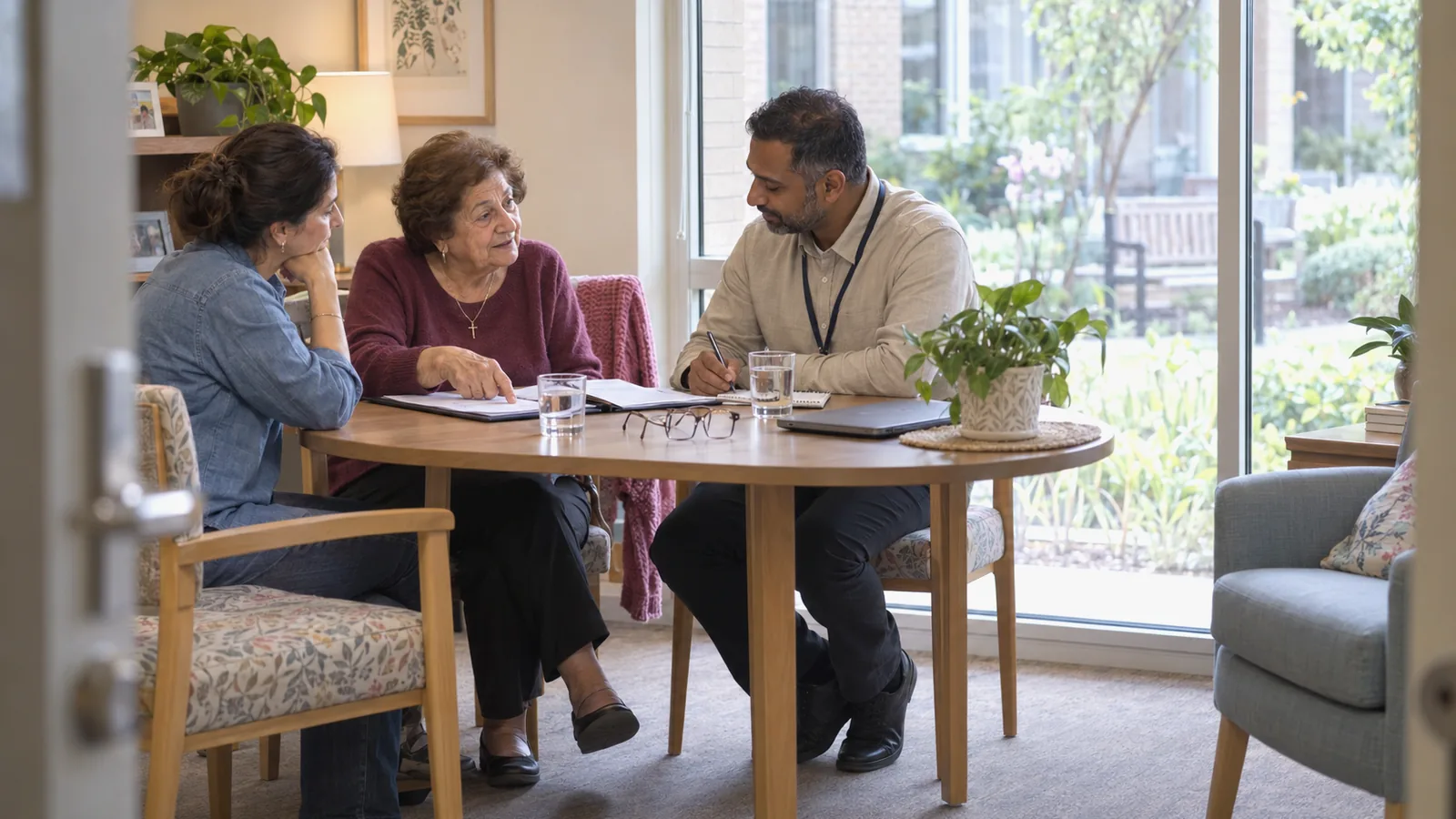 Family discussing an aged care assessment with an advisor over paperwork