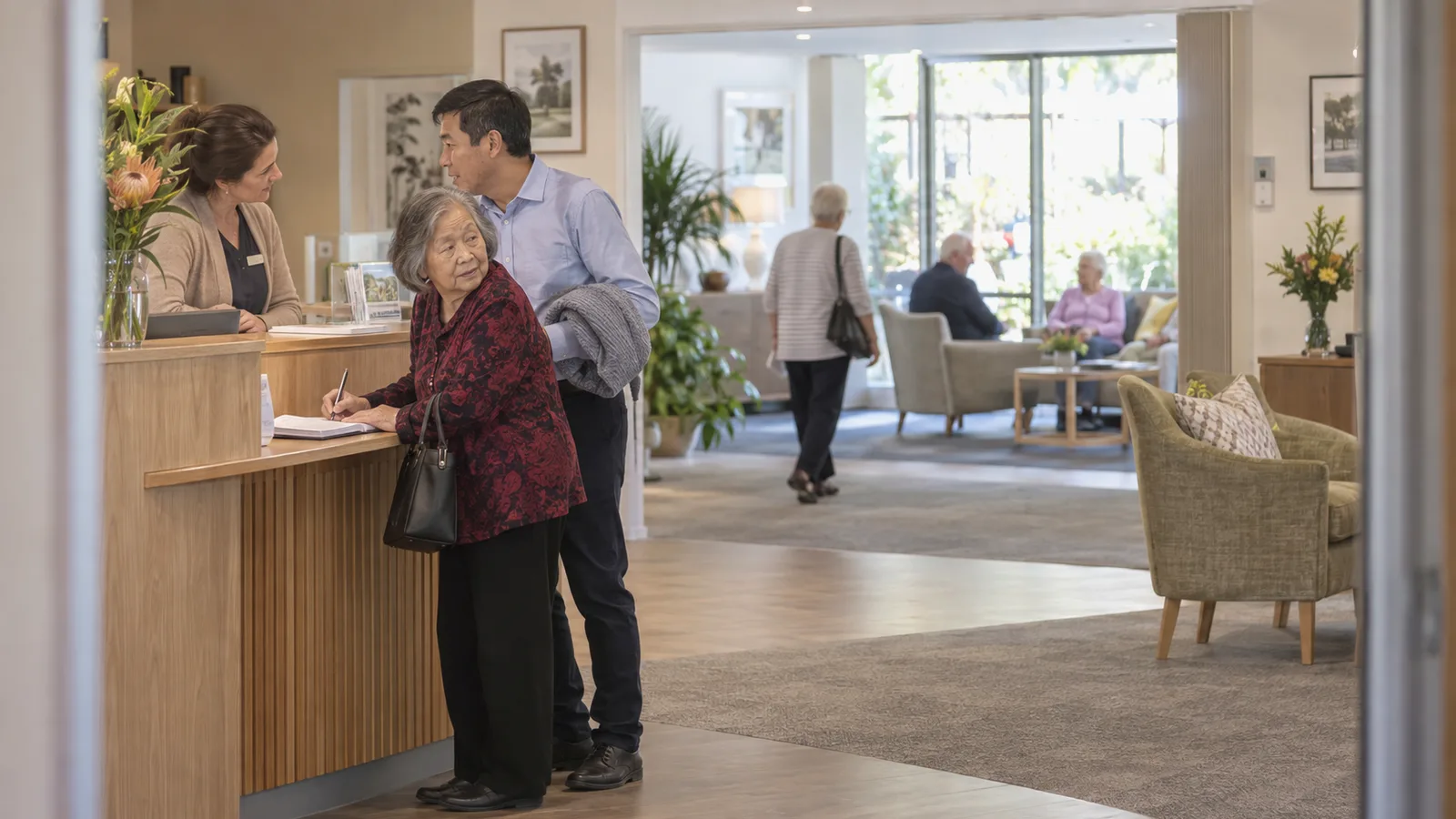 A man and his mother signing paperwork at an aged care facility reception desk