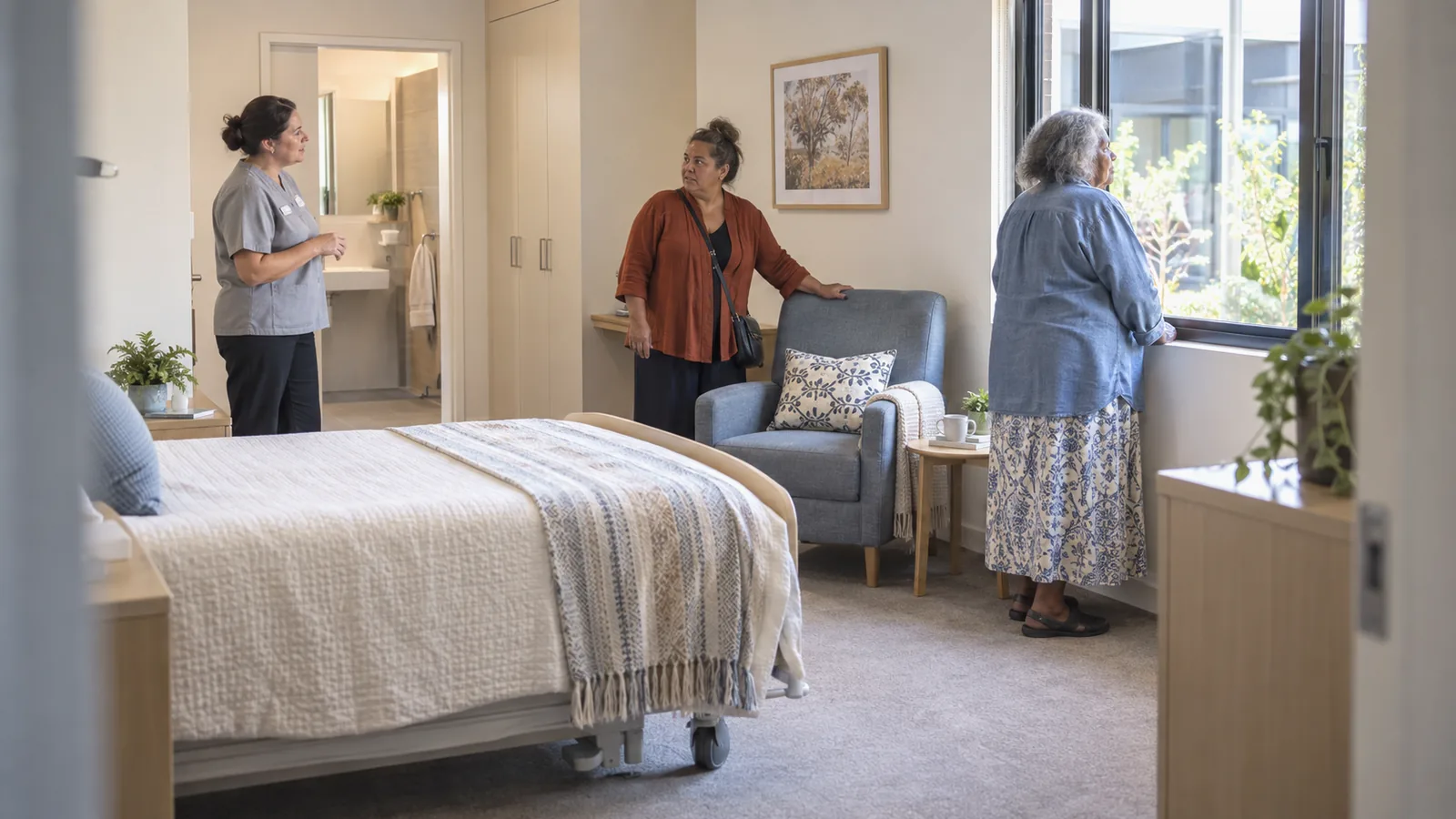 Family touring a resident's room in an aged care home with a staff member