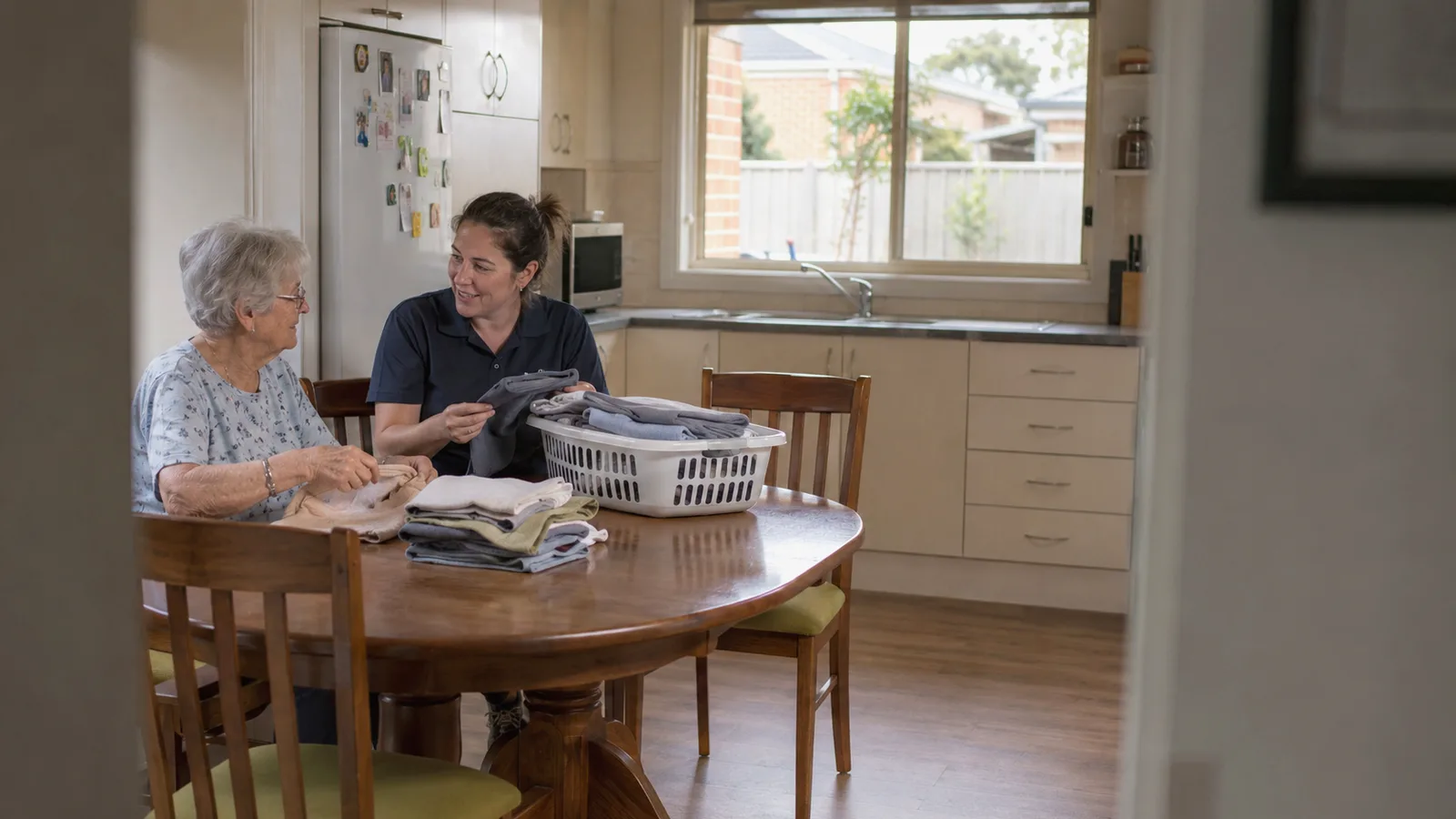 A CHSP support worker helping an older woman with laundry at her kitchen table